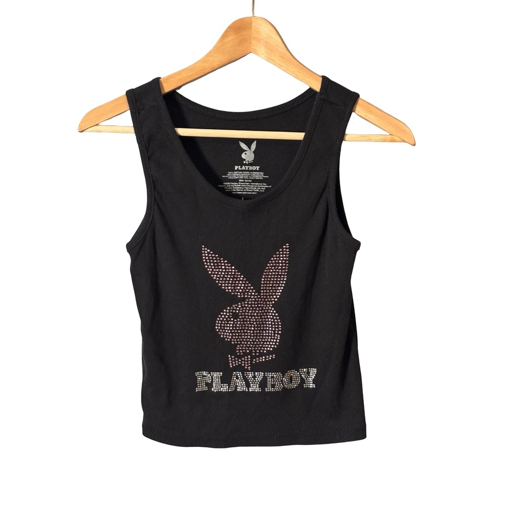 Playboy Rhinestone Bunny Logo Ribbed Tank Top Black Size L Cotton